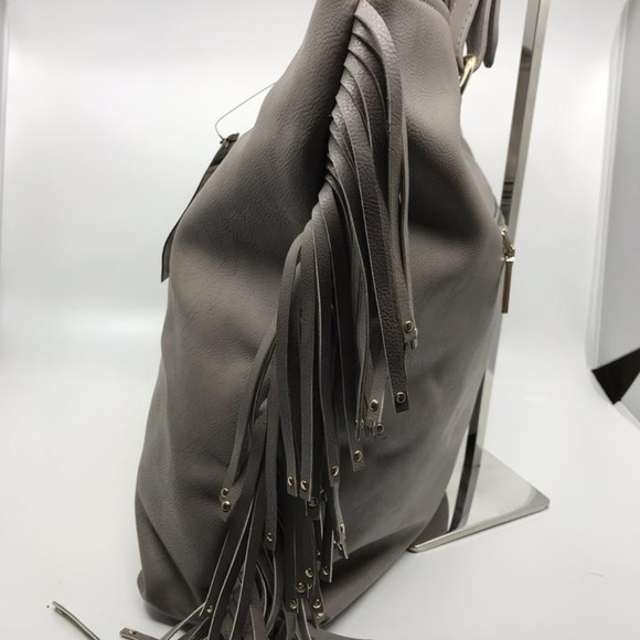 BCBG Fringe Tote Gray Faux Leather Shoulder Bag - Picture 6 of 8